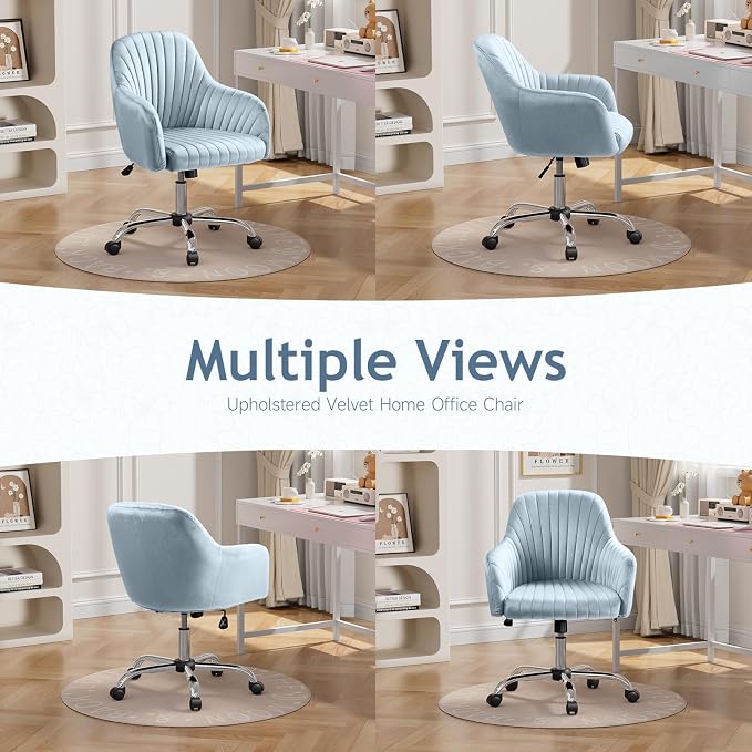 Warmiehomy Velvet Desk Chair for Home Office, Girls' Vanity Chairs with Arm Rest, Office Chair with Wheels, Computer Chair for Room, Velvet Dusk Blue