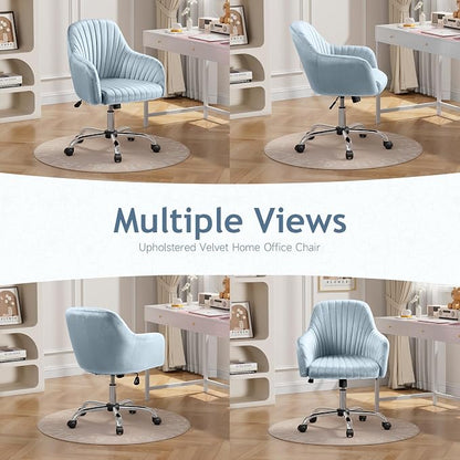 Warmiehomy Velvet Desk Chair for Home Office, Girls' Vanity Chairs with Arm Rest, Office Chair with Wheels, Computer Chair for Room, Velvet Dusk Blue