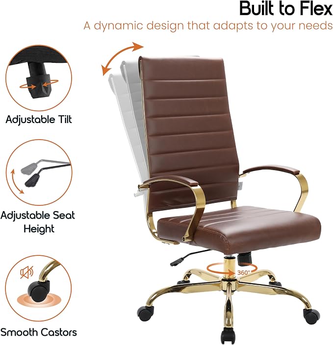 LeisureMod Modern High-Back Leather Office Chair - Swivel & Adjustable Executive Desk Chair with Gold Frame, Ergonomic Design for Home & Office (Brown, Set of 2)