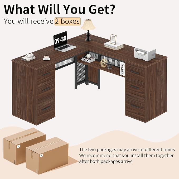 HSH Large L Shaped Executive Desk with Drawers, Home Office Metal Wood Computer Desk for Work Writing Study Gaming, Rustic L-Shaped Walnut Desk Table with File Drawer, Storage Cabinet Shelves, 59 in