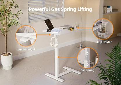 Claiks Mobile Overbed Table with Wheels - 25.5" Adjustable Height Standing Desk for Hospital & Home Use, 22lbs Capacity, Ergonomic Rolling Laptop Cart, White