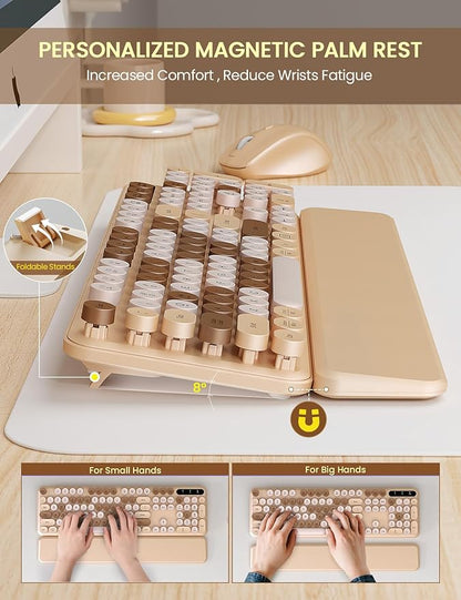 Wireless Keyboard and Mouse Combo - Cute Typewriter Keyboard with Detachable Wrist Rest, Retro Round Keycaps, Foldable Legs, 2.4GHz Full-Size Keyboard for PC, Laptop, Mac, Windows - Trueque (Latte)
