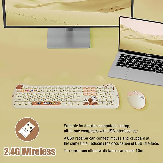 Cute Cat 2.4G USB Wireless Keyboard and Mouse Combo, Silent Keys, Candy Colors, Compatible with Notebook, PC (MilkTea-110Keys)