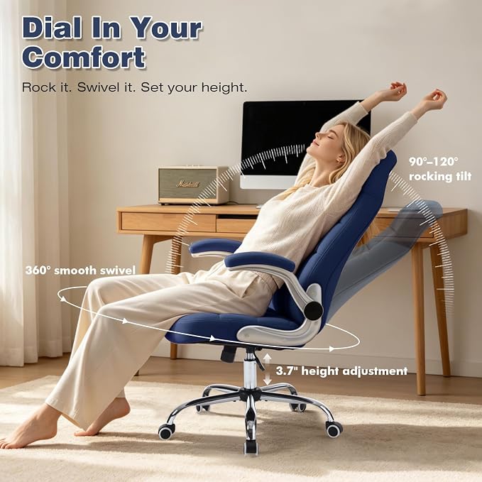 Fabric Home Office Chair Comfy, Velvet High Back Executive Desk Chair with Flip-Up Arms, Ergonomic Office Chairs with Lumbar Support, Upholstered Computer Chair with Wheels,Blue