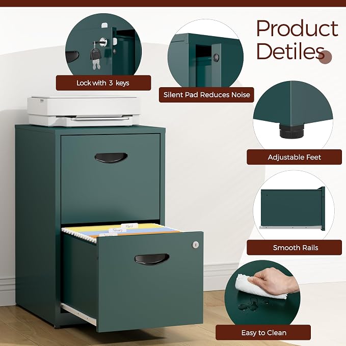 2 Drawer File Cabinet with Lock,Green Metal Filing Cabinets,Vertical Locking File Cabinet Fit Hanging Files, Letter,File Box and A4 Documents