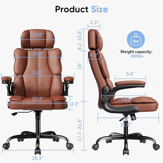 Kensaker Office Chair with Adjustable Headrest & Lumbar Support for for Lower Back Pain Relief, Executive PU Leather Chairs Comfy with Double Padding & 135° Rocking for Home Office, Brown