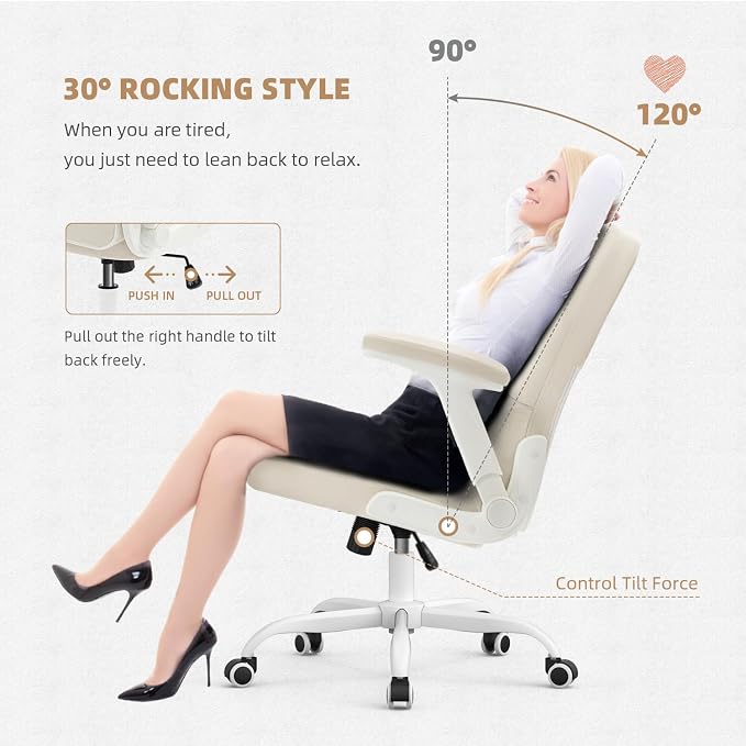 SEATZONE Home Office Chair–Beige Velvet Desk Chair with Wheels, Comfortable Computer Work Chair with Flip-up Arms and Adjustable Tilt