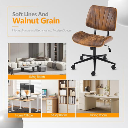 VINGLI Wide Curved Seat&Back Armless Home Office Chair,Ergoromic Adjustable-Height Desk Chair,Swivel&Tilting Function,Stylish Walnut Task Chair for Meeing Room,Dining Room,Vintage Rustic