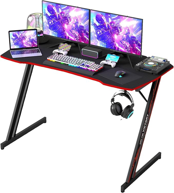 BestOffice Gaming Desk Z Shaped 47 inch PC Computer Desk Computer Workstation Ergonomic Gaming Table with Headphone Hook for Game Players, Black&Red