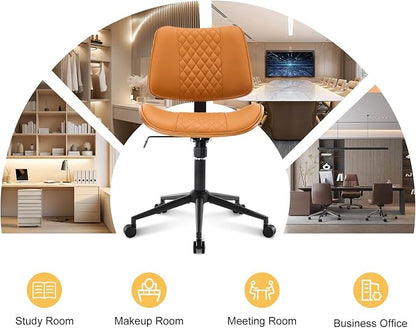 BV Mid Century Office Chair, Armless Small Desk Chair with Bentwood Back and Wheels, Swivel Task Chair for Compact Spaces, Faux Leather Upholstery, No Arms Mid Back Design, Brown