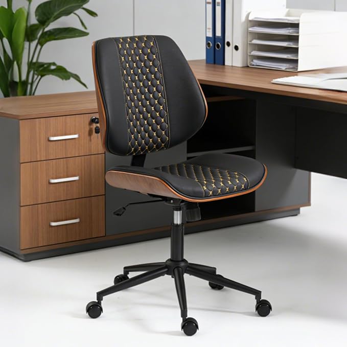 Modern Walnut Home Office Chair with Wheels, Executive Office Desk Chair No Arms, Adjustable Height Small Desk Chair, Comfy PU, Deeper Cushion, Mid Back 360 Swivel Computer Chair, Black-Embroidery