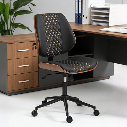 Modern Walnut Home Office Chair with Wheels, Executive Office Desk Chair No Arms, Adjustable Height Small Desk Chair, Comfy PU, Deeper Cushion, Mid Back 360 Swivel Computer Chair, Black-Embroidery