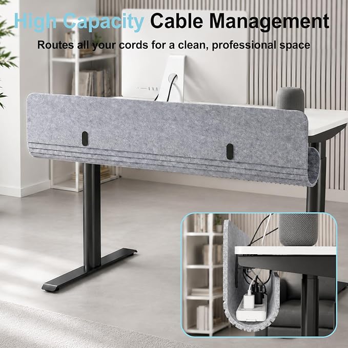 Under Desk Cable Management Tray, 47.2" Felt Cord Organizer with No Drill Clamp or Screw Mount, Hidden Wire Management for Power Strips & Cables, Cable Tray Under Desk for Home Office