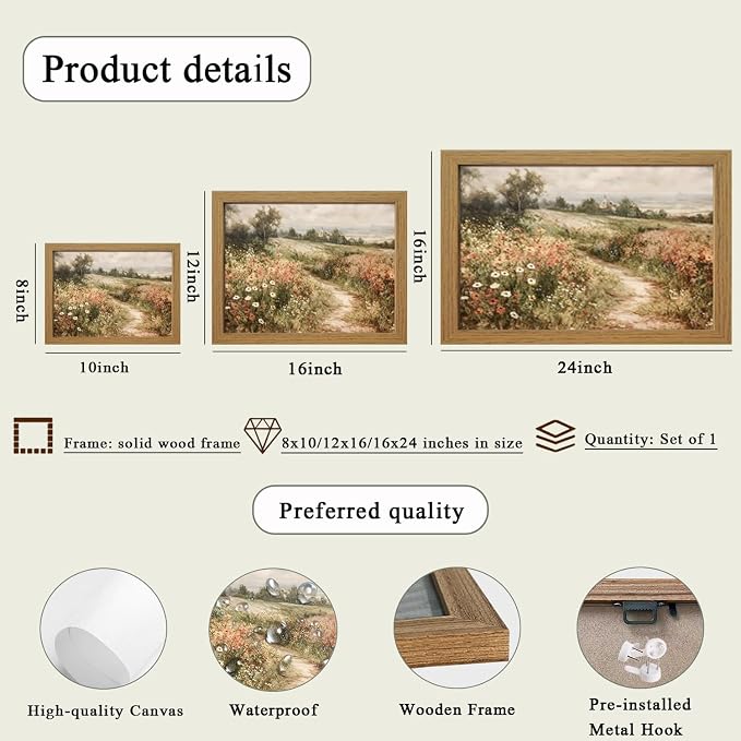 CXQILVER Framed Vintage Cottagecore Landscape Wall Art, Wildflower Meadow Path Canvas Wall Decor Rustic Farmhouse Floral Nature Artwork for Living Room Bedroom Bathroom Home Decor 8x10 inch Framed