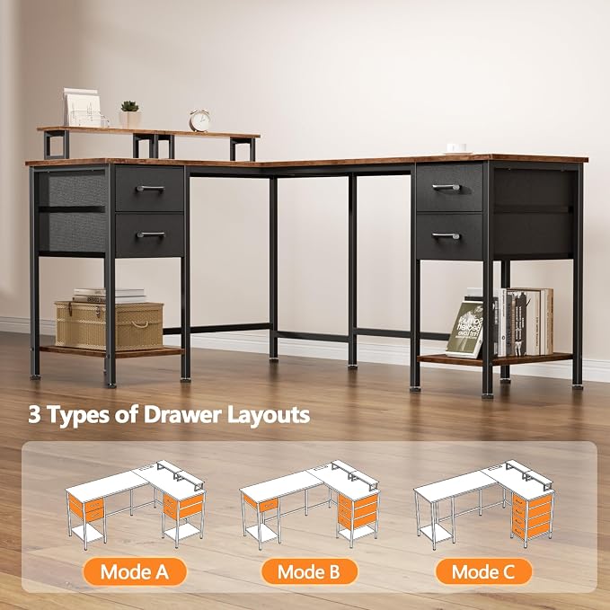 Korfile 59 inch L Shaped Computer Desk with Power Outlets, Home Office Desk with 4 Adjustable Storage Drawers & 2 Monitor Stands, Two Person Gaming Table for Bedroom, Rustic Brown