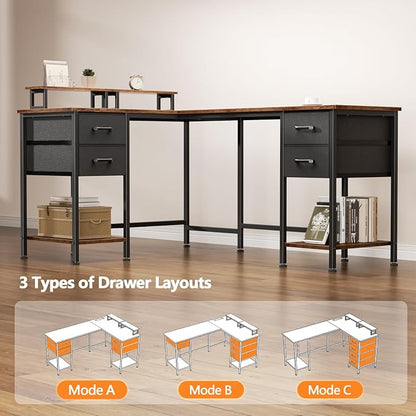 Korfile 59 inch L Shaped Computer Desk with Power Outlets, Home Office Desk with 4 Adjustable Storage Drawers & 2 Monitor Stands, Two Person Gaming Table for Bedroom, Rustic Brown