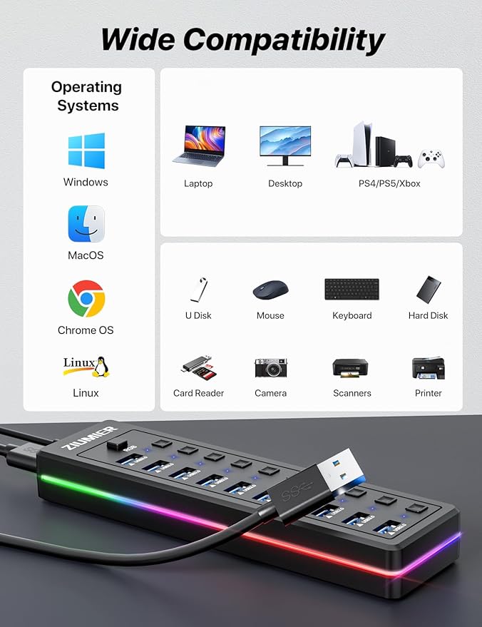 Powered USB Hub, 10-Port USB Splitter with RGB LED Strip | 5Gbps Data Transfer,Individual LED On/Off Switches and 12V/2A Power Adapter for Laptop, PC, Mouse, Keyboard, Hard Drive