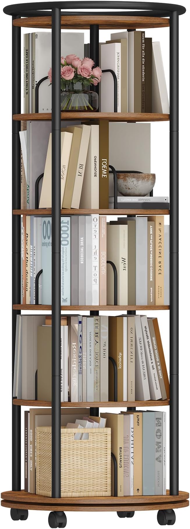 Hzuaneri Rotating Bookshelf, 360° Spinning Bookshelf Tower, Display Revolving Bookcase, Round Book Shelf, Narrow Swivel Bookshelves for Small Space, Bedroom, Living Room, 6-Tier Rustic Brown, BC52101B