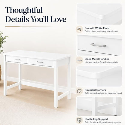 4NM 39.4" Small Desk with Wood Drawers, Home Office Computer Desk with Wooden Legs, Study Writing Table Vanity Desk for Small Spaces - White