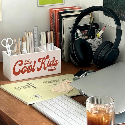 Kids Room Decor Pen Pencil Holder for Desk, The Cool Kids Club Wooden Box Sign Decorations for Boys Girls Room Bedroom Playroom Classroom Desk Tabletop