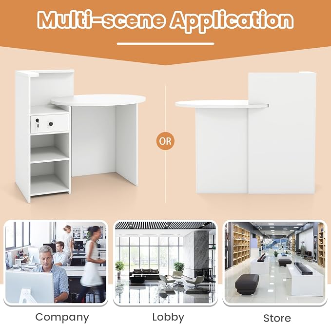 Tangkula Reception Desk, Front Counter Desk with Lockable Drawer & Adjustable Shelf, Oval Desktop, Retail Counter for Checkout, Computer Workstation for Salon Lobby Home Office