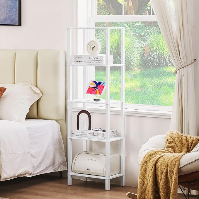 YUFAM 54in Tall Bookshelf 5-Tier Small Narrow Bookcase, Skinny Book Shelf for Small Space, Farmhouse Slim Shelf with Storage, Wood Freestanding Display Thin Bookshelves for Living Room, Office, White