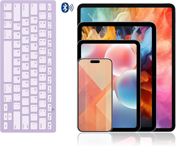 OMOTON Ultra-Slim Bluetooth Keyboard for iPad 11th/10th/9th/8th/7th, iPad Pro/Air/Mini and iPhone Series, Wireless iOS Keyboard with 12 Multimedia Keys for Office, Home, Travel, School, Purple