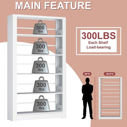 Heavy Duty Metal Bookshelf, 5 Shelf Adjustable Bookcase, 69’’ Tall Modern Bookshelves, Open Book Shelf Organizer, Large Sturdy Book Case for Living Room, Library, Office, White Book Shelf