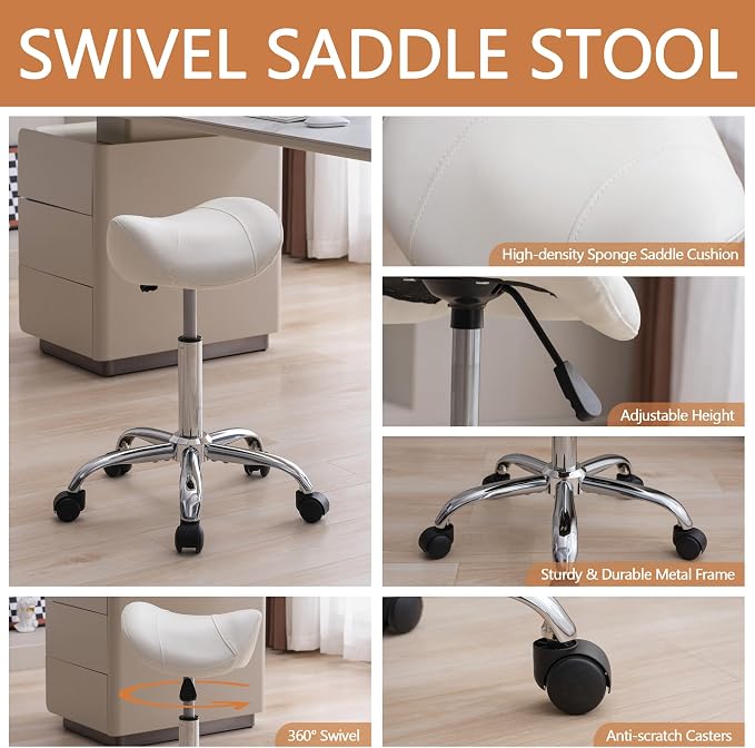 FIRAVOE Saddle Stool, Swivel Saddle Stool with Wheels, Adjustable Rolling Stool 18"-26", Faux Leather Rolling Stool for Salon, Massage, Clinic, Lab, Office, White, 1PCS