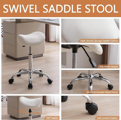 FIRAVOE Saddle Stool, Swivel Saddle Stool with Wheels, Adjustable Rolling Stool 18"-26", Faux Leather Rolling Stool for Salon, Massage, Clinic, Lab, Office, White, 1PCS