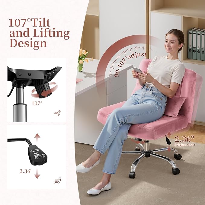 Warmiehomy Velvet Criss Cross Desk Chair with Wheels, Luxury Cross Legged Office Chairs for Home Office, Swivel Wide Seat Vanity Chair, Armless Adjustable Height Gaming Chair Gift, Dusty Rose