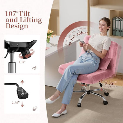 Warmiehomy Velvet Criss Cross Desk Chair with Wheels, Luxury Cross Legged Office Chairs for Home Office, Swivel Wide Seat Vanity Chair, Armless Adjustable Height Gaming Chair Gift, Dusty Rose
