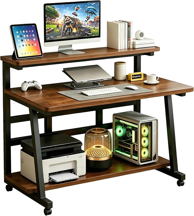 Rolling Computer Desk, 31.5 Inch Small Desks For Small Space, Portable Small Computer Desk with Monitor Stand & 3-Tier Storage, Portable Desk on Wheels for Writing, Home Office, Small Desk for Bedroom