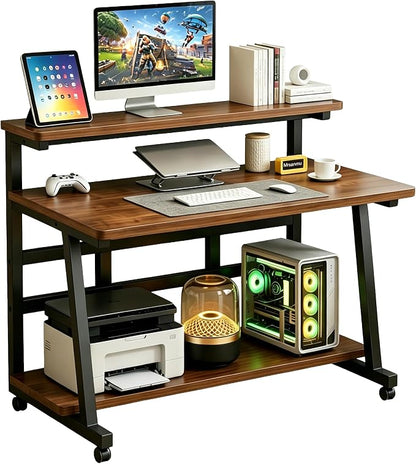 Rolling Computer Desk, 47.2 Inch Small Desks For Small Space, Portable Small Computer Desk with Monitor Stand & 3-Tier Storage, Portable Desk on Wheels for Writing, Home Office, Small Desk for Bedroom