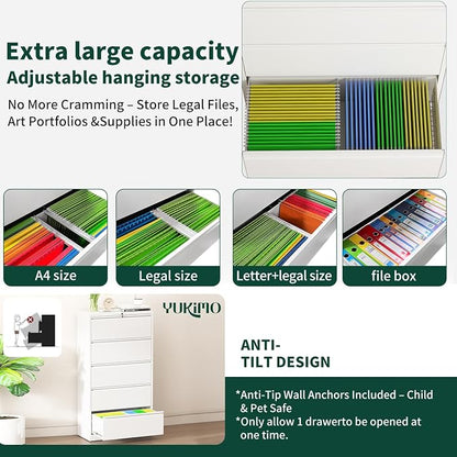 5 Drawer Lateral File Cabinet with Lock, File Cabinets for Home Office Legal/Letter A4 Size, File Cabinet Storage Cabinet, Require Assembly, White