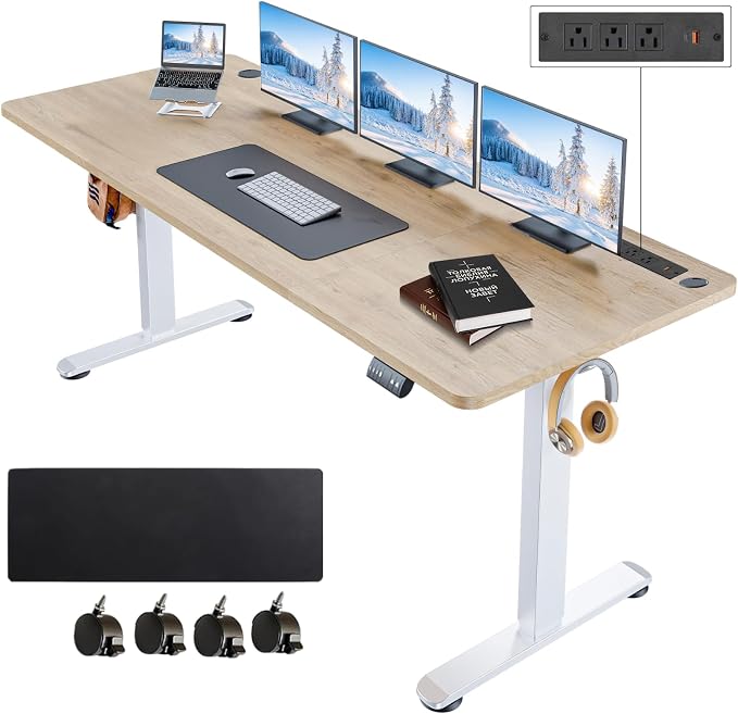 Electric Standing Desk with Power Outlets and USB-C Port, 70 x 27 Inches Adjustable Height Sit Stand Up Desk for Home Office, Adjustable Desk with Memory Preset and Wheels, Oak