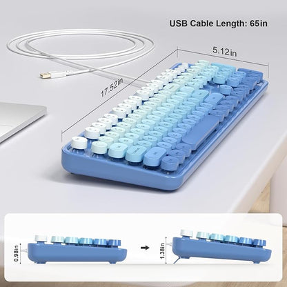 MOWUX Computer Keyboard Wired, Plug and Play USB Retro Round Typewriter Keyboard, Full Size Wired Keyboard with Foldable Stands for Laptop and Office PC- Blue Gradient
