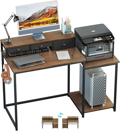 SINPAID 47 inch Computer Desk with Printer Shelf, Gaming Desk with Monitor Stand and Drawers, Reversible Home Office Desk with Storage Shelves and 2 Hooks, Home Workstation for Study Writing, Walnut