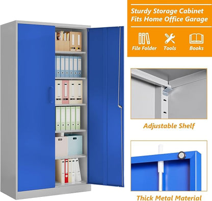 STANI Metal Garage Storage Cabinet with Lock, 71" Steel Lockable File Cabinet, Locking Steel Storage Cabinet with 5 Adjustable Shelves for Home, Office, Garage, Warehouse (Blue Grey, 2 Door - 71" H)