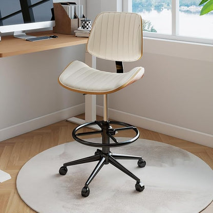 Drafting Chair, Ergonomic Office Chair with Walnut Wood Back Support, Armless PU Leather Desk Chair with Height-Adjustable, Thick Cushion for Home, Bar, Drafting, Office (Beige)