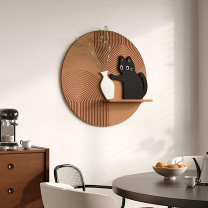 3D Textured Round Cat Wall Art with Shelf, Modern Minimalist Brown Sandstone Texture Artwork for Walls, Black Cat Geometric Wall Art Decor for Living Room, Hallway, Dining Room, Bedroom, Office, 24x24