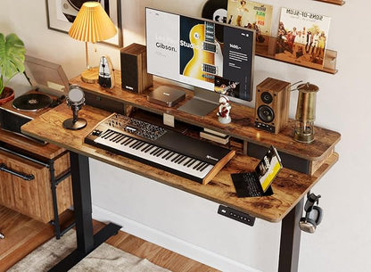 BANTI 55x24 Inch Electric Standing Desk with Dual Drawers, Height Adjustable Stand Up Table, Sit Stand Home Office Desk with Storage Shelf, Black Frame/Rustic Brown Top