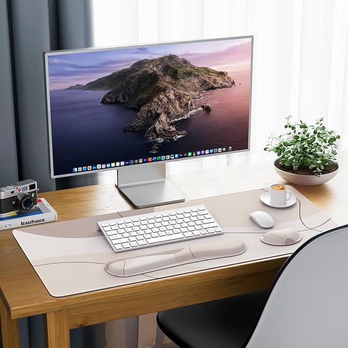 iCasso Extra Large Mouse Pad with Wrist Rest, 3in1 Big Full Desk Mousepad + Keyboard Wrist Rest+Mouse Wrist Rest, Easy Typing Pain Relief, Ergonomic XXL Ultra Thick Long Desk Mat (Brown Art)