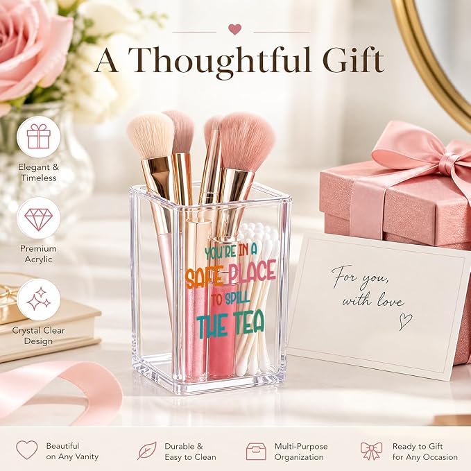 Safe Place to Spill The Tea Acrylic Pen Holder - Funny Therapist Office Decor, Counselor & Psychologist Gifts for Women, Aesthetic Makeup Brush Cup, Clear Desktop Accessory