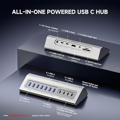Giftos Powered USB Hub, 18 in 1 USB 3.2 Hub with 4K HDMI, PD 100W,45W Charge,10Gbps USB,SD/TF,Audio, 65W Adapter,3.3FT Cable,Aluminum,Smart Button, USB Hub for Mac, Mac mini, iMac,iPhone 17/16,iPad