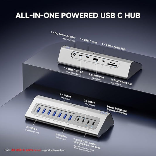 Giftos Powered USB Hub, 18 in 1 USB 3.2 Hub with 4K HDMI, PD 100W,45W Charge,10Gbps USB,SD/TF,Audio, 65W Adapter,3.3FT Cable,Aluminum,Smart Button, USB Hub for Mac, Mac mini, iMac,iPhone 17/16,iPad