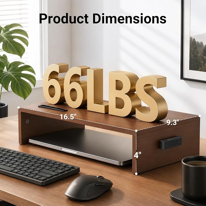 BONTEC Monitor Stand Riser with Cellphone Holder & Cable Management, 16.7 Inch Wood Monitor Riser Stand, Desktop Stand for PC/TV/Laptop/Printer, Walnut