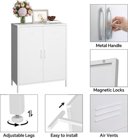 Steehoom Metal Cabinet with 2 Door and Adjustable Shelf, Metal Locker Horizontal White Storage Cabinet for Home, Office, School, Entryway, Garage (White, H35.43'')