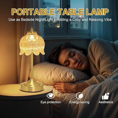 Cordless Lotus Flower Table Lamp, 5200mAh Rechargeable Battery Operated Portable Lamp, 3-Color Dimmable Touch Control Small Desk Lamp for Bedroom, Office, Kitchen, Nightstand,Room Decor (Flower Amber)
