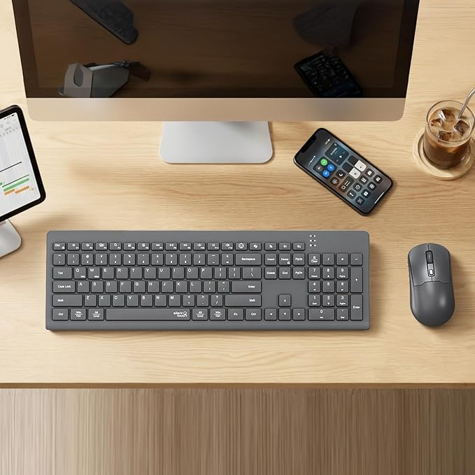 Wireless Keyboard and Mouse, Quiet Bluetooth Keyboard Mouse Set, 2.4G/Bluetooth Full-Sized Computer Keyboard, 3200 DPI Adjustable Mouse, Long-Life Battery, for PC/Laptop/Tablet/Windows/Mac